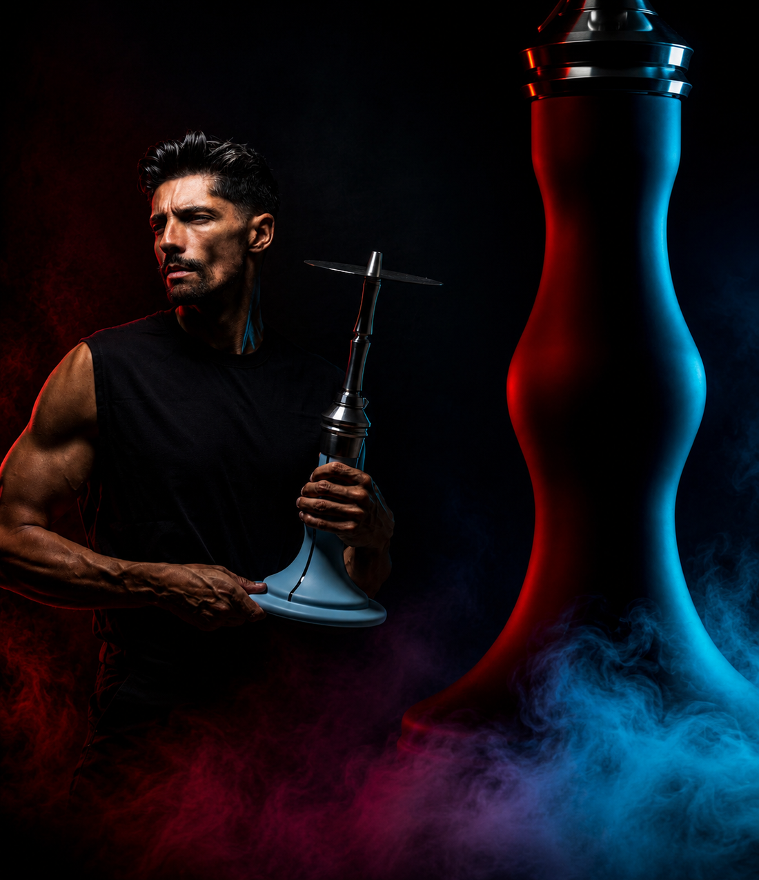 Epic Image of Man with black shirt holding blue Edition 6 Lounge Plus - large Shisha Vase in the forgreound
